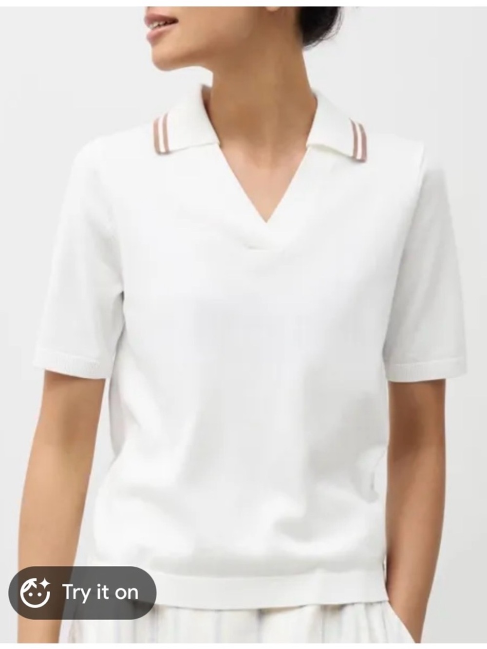 Uniqlo White Short-Sleeve V-Neck Polo Top with Tan Stripe Collar